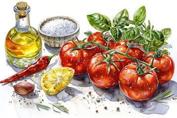 Tomatoes and seasoning on the chopping board