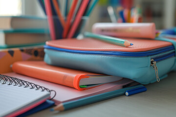 A close-up of a student's desk neatly arranged with new school supplies: pencils, notebooks, and a colorful pencil case, ready for the first day of school
