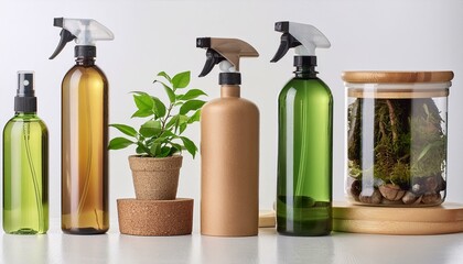 Set of biodegradable cleaning products, spray bottles, and containers, eco-friendly focus, isolated on a white background, studio lighting