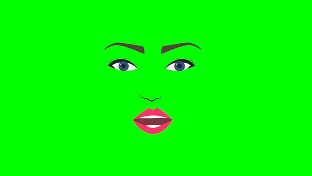 Cartoon eyes, brows,nose and talking mouth or girl or woman face on green screen for insert, chroma key green screen motion graphics stock video 3D animation. Ultra high resolution. lip syncing Facial