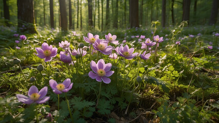 Fototapeta premium Enchanting forest scene with delicate pink wildflowers bathed in soft sunlight