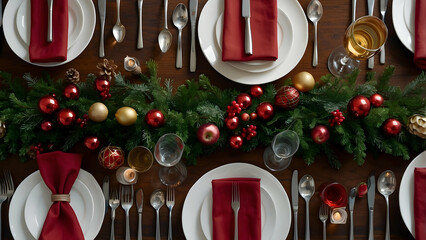 A top-down view of a festive Christmas dinner table elegantly set with plates, silverware, and holiday decorations