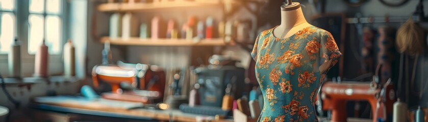 Vintage dress on a mannequin in a retrostyled atelier, soft focus background with sewing supplies, capturing the charm and elegance of classic fashion design