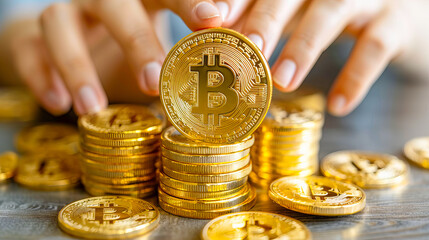Businesswoman is stacking bitcoin cryptocurrency gold coins, concept of economic growth