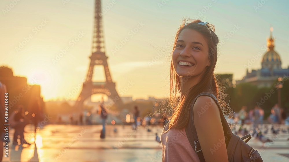 Wall mural young woman walking on the famous place des pigeons smiling on camera with a great view of the eiffe