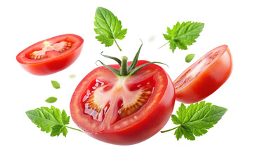 tomato with half slices falling or floating - Powered by Adobe