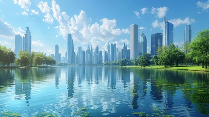 Modern cityscape view from a serene lake