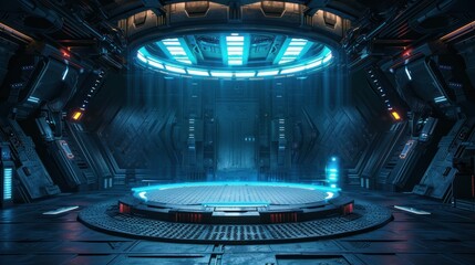 A futuristic space station podium with a blue dome and a large circular room