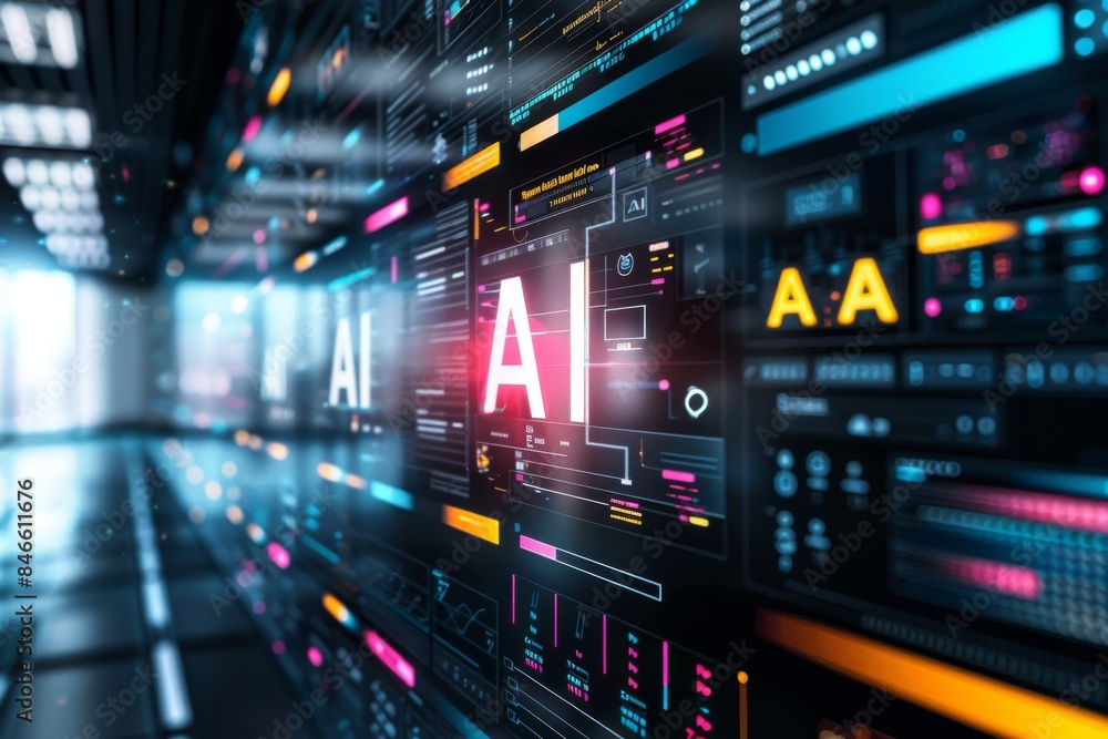 Poster advanced artificial intelligence interface with vibrant neon colors, data streams, and futuristic te