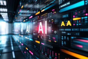 Obraz premium Advanced artificial intelligence interface with vibrant neon colors, data streams, and futuristic technology in a high tech corridor environment