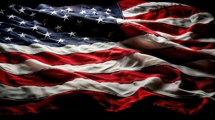 A close-up image of an American flag waving in the wind, showcasing its red, white, and blue stripes and stars