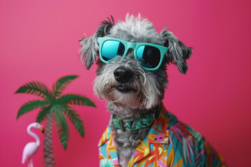 Dog with sunglasses in a tropical shirt against a pink background.
