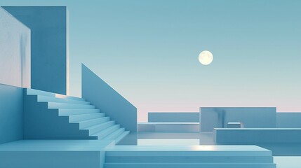 Minimalistic Architectural Scene with Geometric Structures and Soft Blue Palette, Featuring a Staircase, Diagonal Wall, and Serene Sky with Glowing Sun