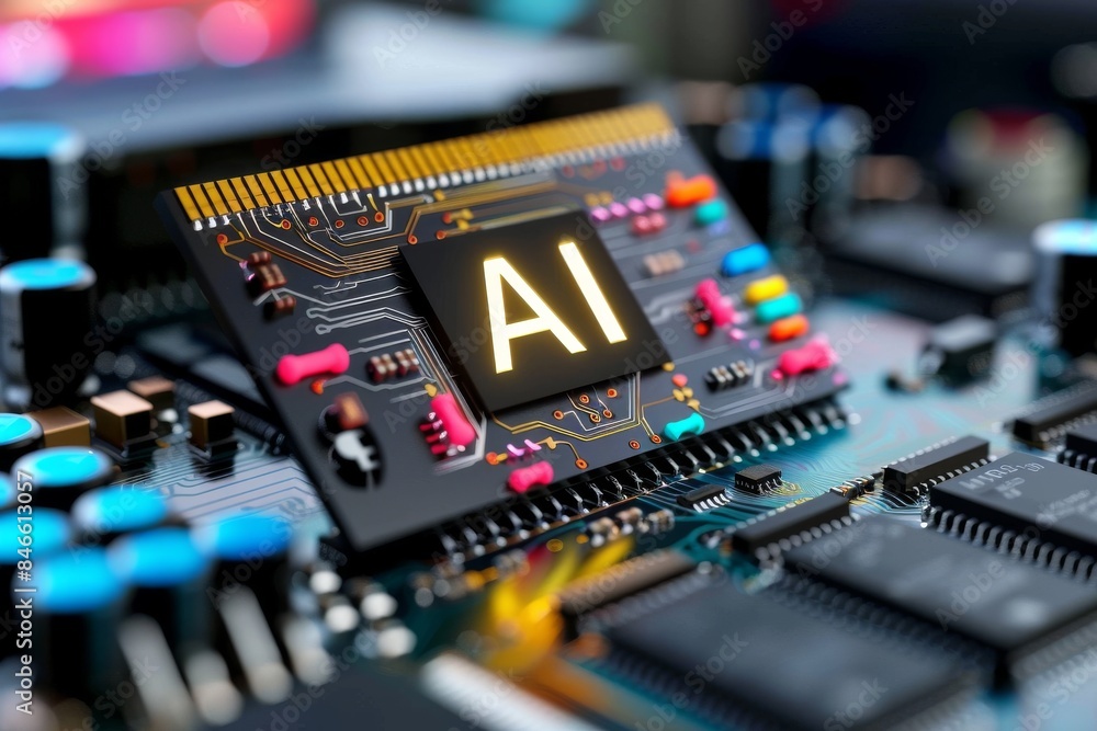 Aufkleber ai chip on a futuristic circuit board with vibrant neon lights, representing advanced technology and