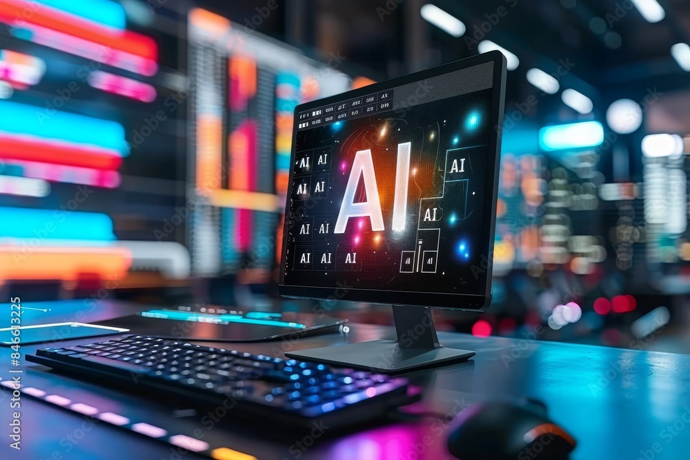 Poster ai powered digital workspace with vibrant neon lights and advanced technology, representing innovati