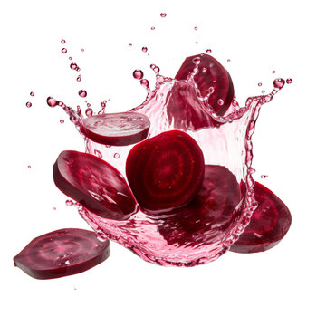 Dynamic splash of fresh beetroot slices in water, showcasing vibrant colors and unique textures for culinary and health-focused themes.