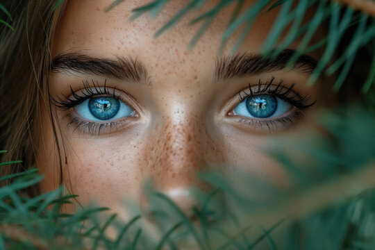 Striking blue eyes and freckles, young woman in nature. Generative AI image