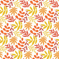 Colorful autumn leaves background. Red, orange and yellow fall foliage seamless pattern. Natural seasonal botanical print for textile, wrapping paper, fabric and design, vector graphics