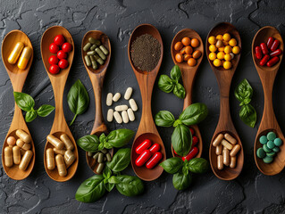 Assorted Herbal Supplements and Vitamins on Wooden Spoons