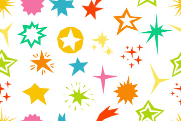 Seamless pattern with colorful cut out stars on  white background. Stars with rays, polygonal, groups of stars, elements of various irregular shapes. Vector illustration.
