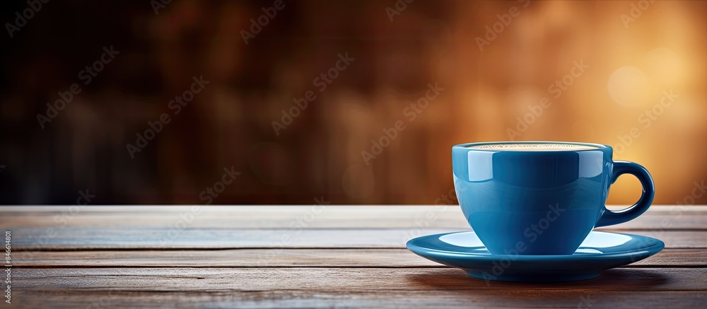 Aufkleber Blue cup of coffee on a wooden cafe table with a backdrop of soft lighting, ideal for a copy space image.