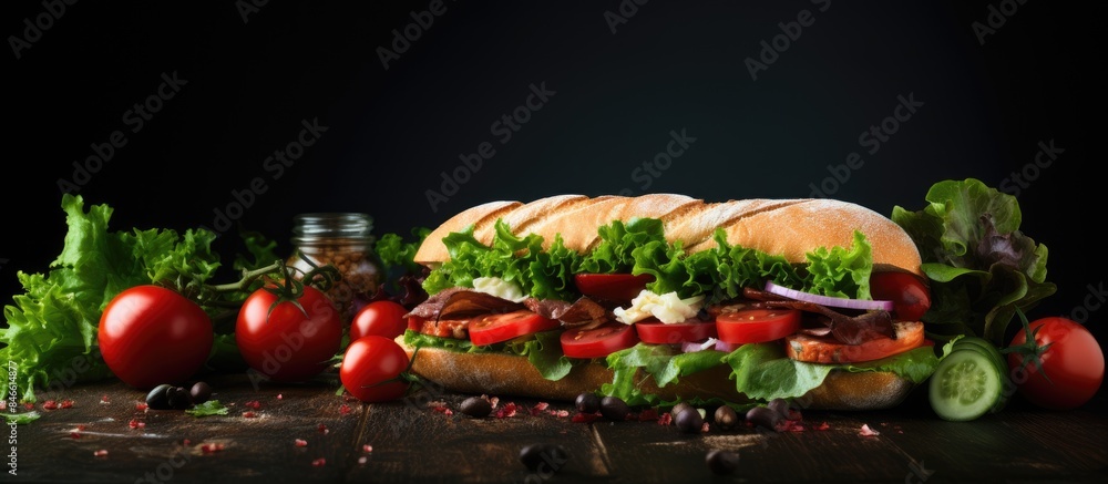 Leinwandbilder Sandwich with a variety of fresh ingredients on a dark backdrop with space for text or other elements in the image. with copy space image. Place for adding text or design