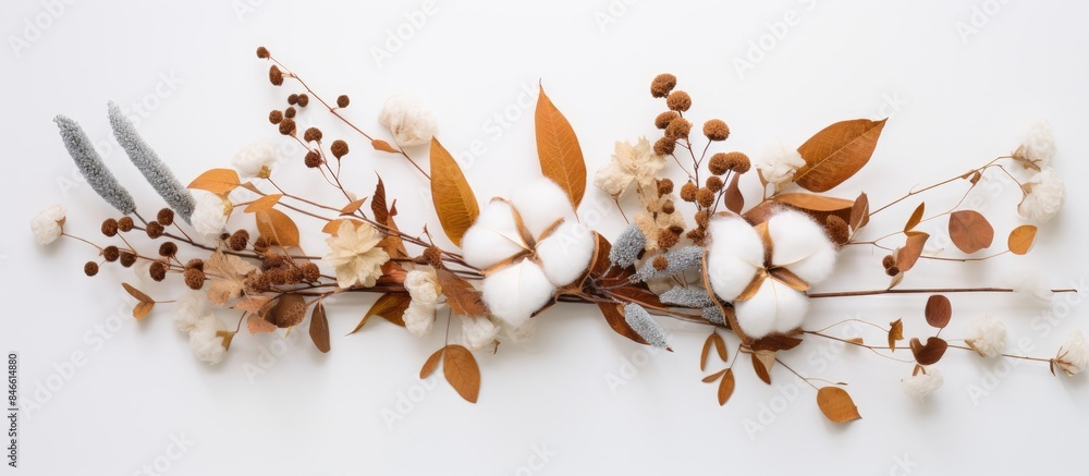 Poster autumn-themed arrangement featuring eucalyptus branches, cotton flowers, and dried leaves on a white
