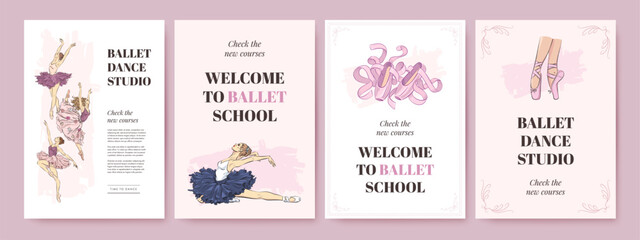 Set of ballet school poster template with hand drawn ballerina, pointe shoes on white background. Ballet studio banner, cover of flyer design. Vector illustration © AM_art