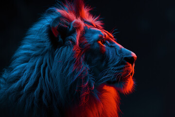 Majestic lion portrait with vibrant neon lighting. Generative AI image