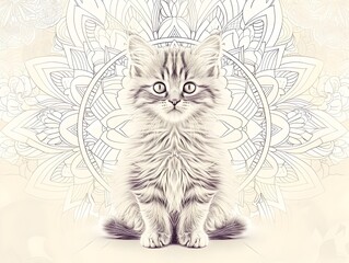 Cute Ragdoll Kitten Sitting Amidst Multicolor Mandala Coloring Page on Pastel Cream Background