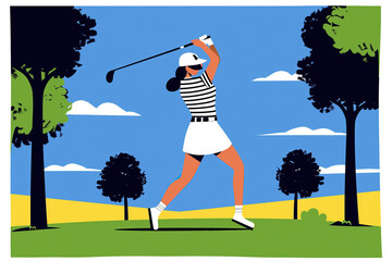 Woman Swinging Golf Club on Sunny Day. Generative AI