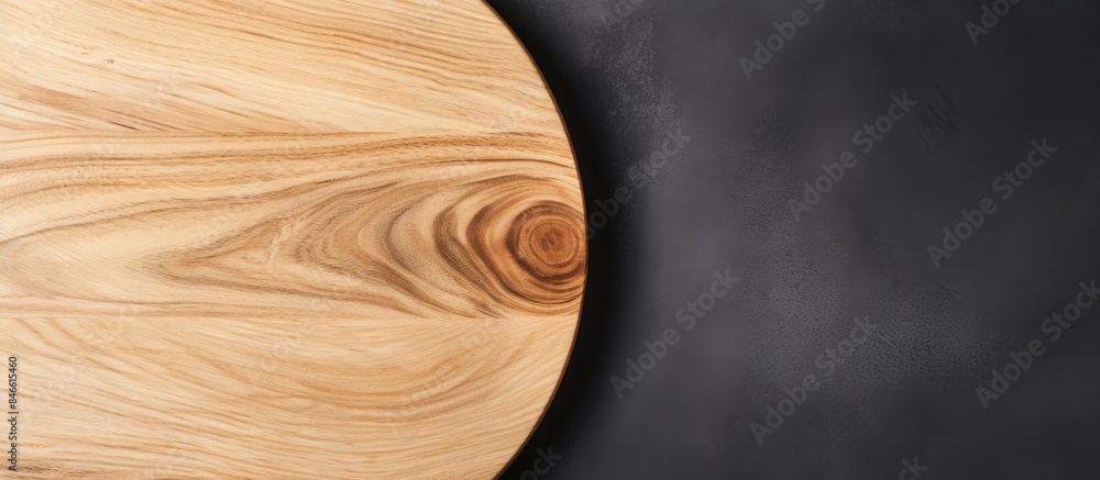 Poster Top view flat lay of a wooden pizza platter on a white stone kitchen table with empty space for text or images. with copy space image. Place for adding text or design