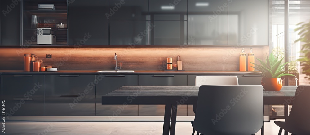 Poster blurry modern kitchen background with a desk space and striking furniture in a copy space image.