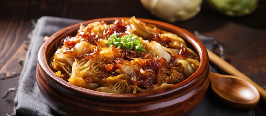 Delicious vegetarian braised cabbage with shiitake mushrooms, showcasing Chinese cuisine at a vegetarian food festival with a captivating copy space image.