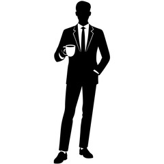 A business man standing in professional attire, holding a cup of tea vector silhouette 