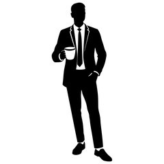 A business man standing in professional attire, holding a cup of tea vector silhouette 