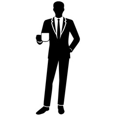Obraz premium A business man standing in professional attire, holding a cup of tea vector silhouette 