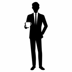 Obraz premium A business man standing in professional attire, holding a cup of tea vector silhouette 