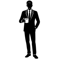 A business man standing in professional attire, holding a cup of tea vector silhouette 