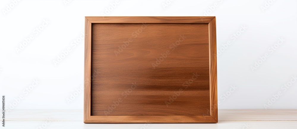 Poster Brown wooden desktop photo frame displayed vertically on a white background with copy space image.