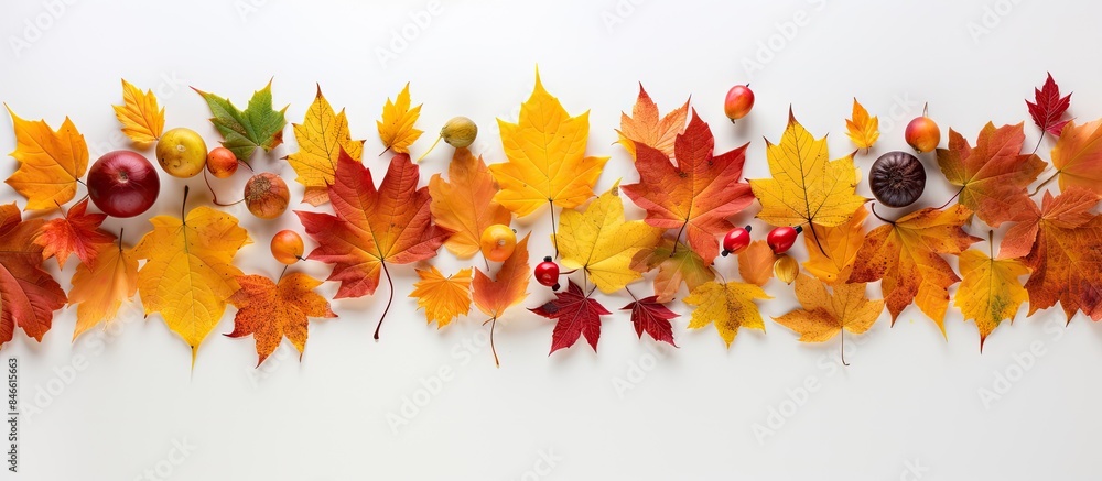 Poster autumn-themed arrangement featuring a frame formed by vibrant maple leaves on a white surface. viewe