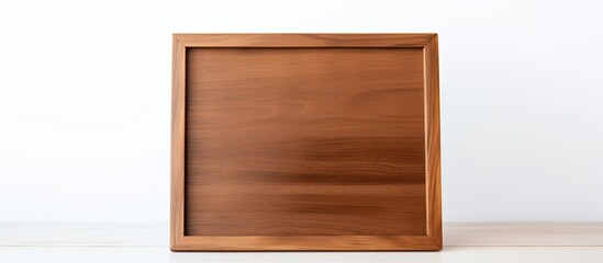 Brown wooden desktop photo frame displayed vertically on a white background with copy space image.