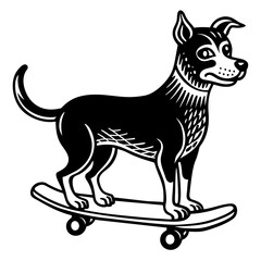 Doodling Lino of a dog enjoying standing on a skateboard vector silhouette 