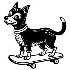 Doodling Lino of a dog enjoying standing on a skateboard vector silhouette 
