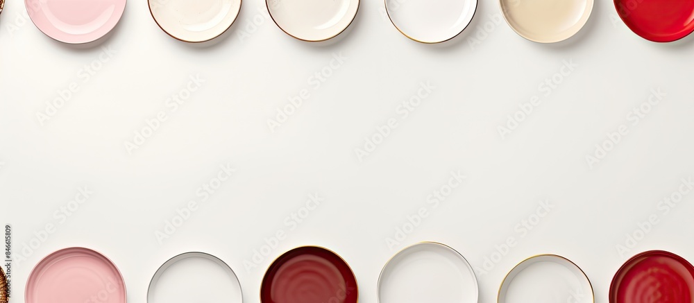Poster top view of plates of food isolated on a white background with copy space image.