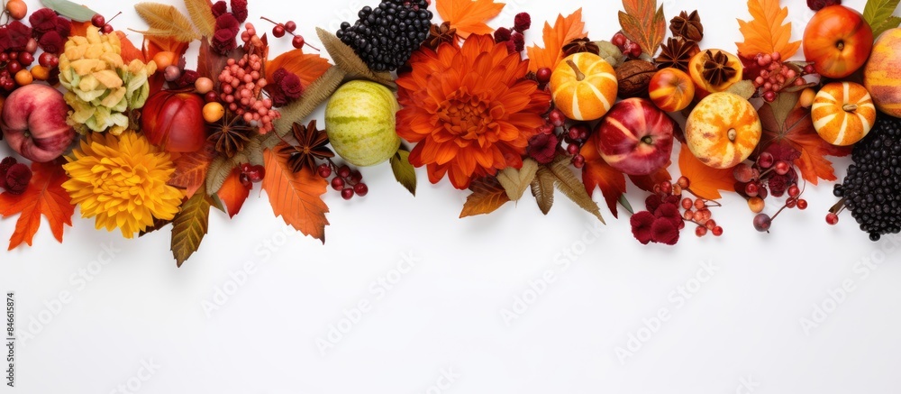 Aufkleber Top view of a fall-themed arrangement on a white backdrop with a copy space image.