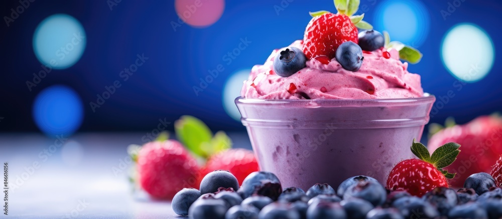 Poster close-up of a delicious sweet dessert - berry yogurt ice cream with a smooth texture, fresh fruit sm