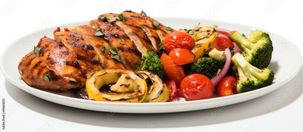 Poster Grilled chicken with veggies on white background with copy space image.