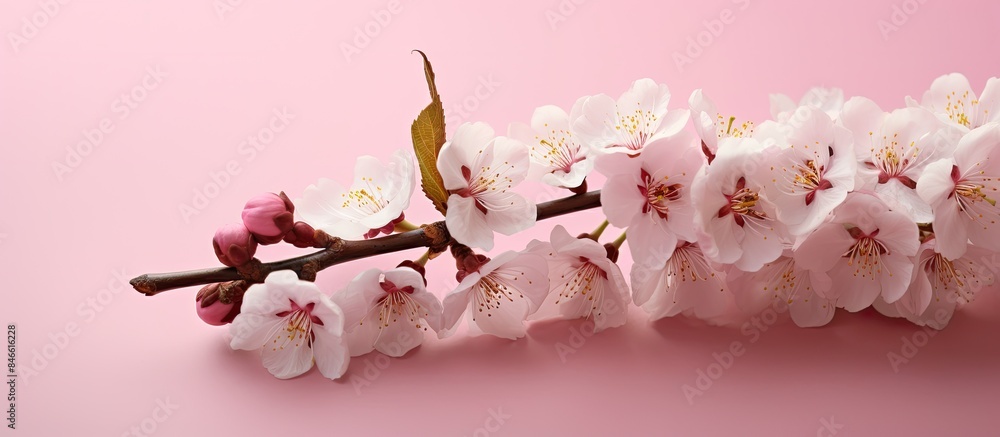 Fototapete Closeup view of a bouquet of almond blossoms on a pink background with space for text or image insertion. with copy space image. Place for adding text or design