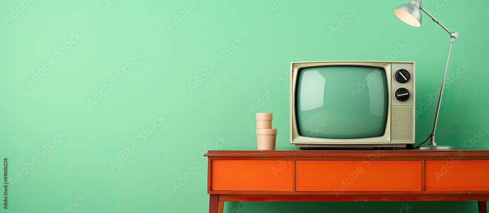 Poster Mint green background showcases retro television with antenna on table, creating a nostalgic vibe in the copy space image.